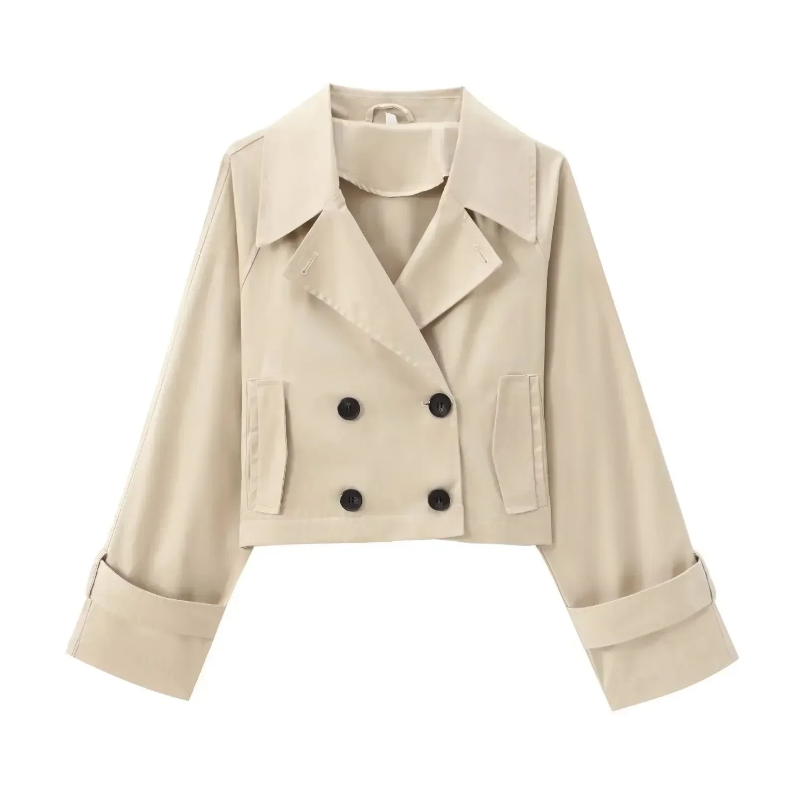 Women's new fashion short windbreaker style casual double breasted jacket coat retro long sleeved pocket women's coat chic top