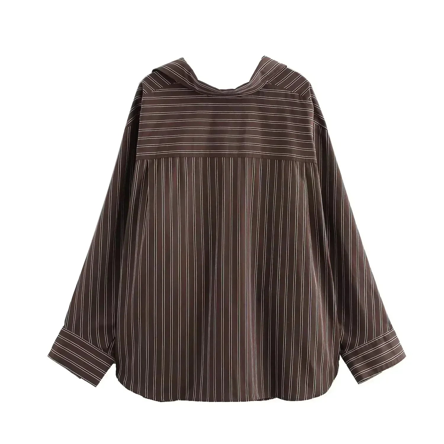 Women's new fashion pleated decoration loose single breasted casual striped shirt retro bat long sleeved women's shirt chic top