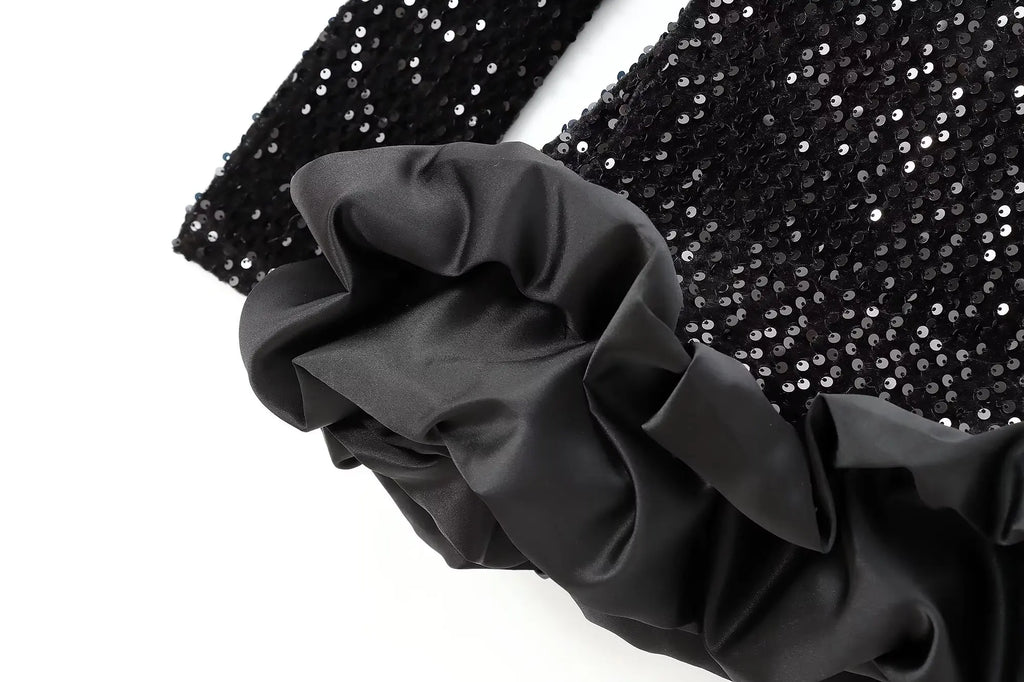 Women's new fashion layered hem design slim versatile sequin mini dress retro O-Neck long sleeved women's dress Mujer
