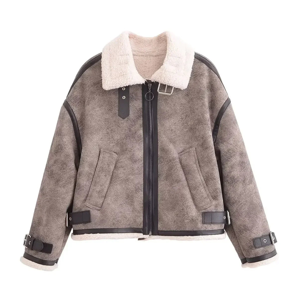Women's Winter Fashion Casual Side Pocket Short Warm Fur Faux Leather Jacket Coat Retro Long Sleeve Zipper Women's Coat Chic Top