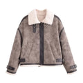 Women's Winter Fashion Casual Side Pocket Short Warm Fur Faux Leather Jacket Coat Retro Long Sleeve Zipper Women's Coat Chic Top