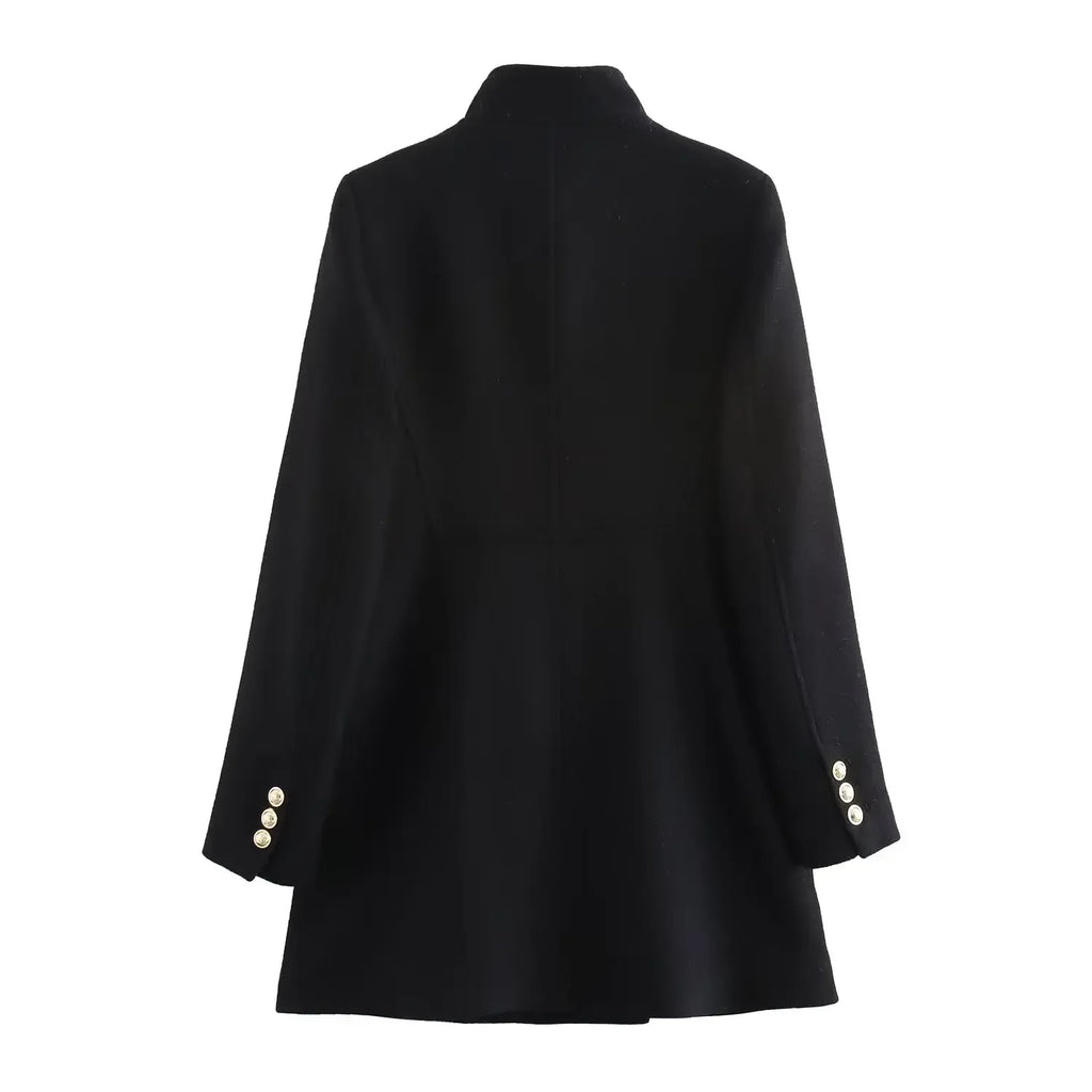 Women's new fashion gold double breasted decoration slim stand Neck woolen coat retro long sleeved pocket women's coat Chic top