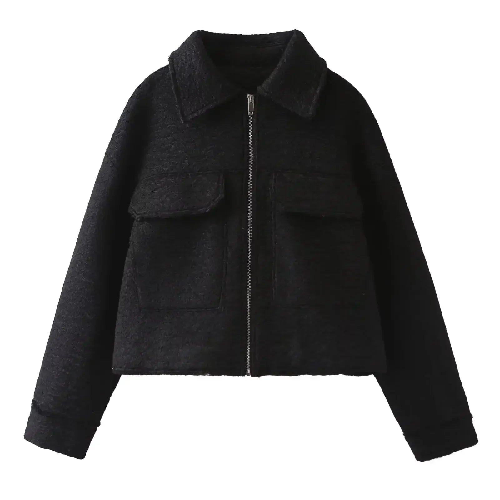 Women's new fashion flip pocket decoration casual short lapel Woolen jacket coat retro long sleeved zipper women's coat chic top