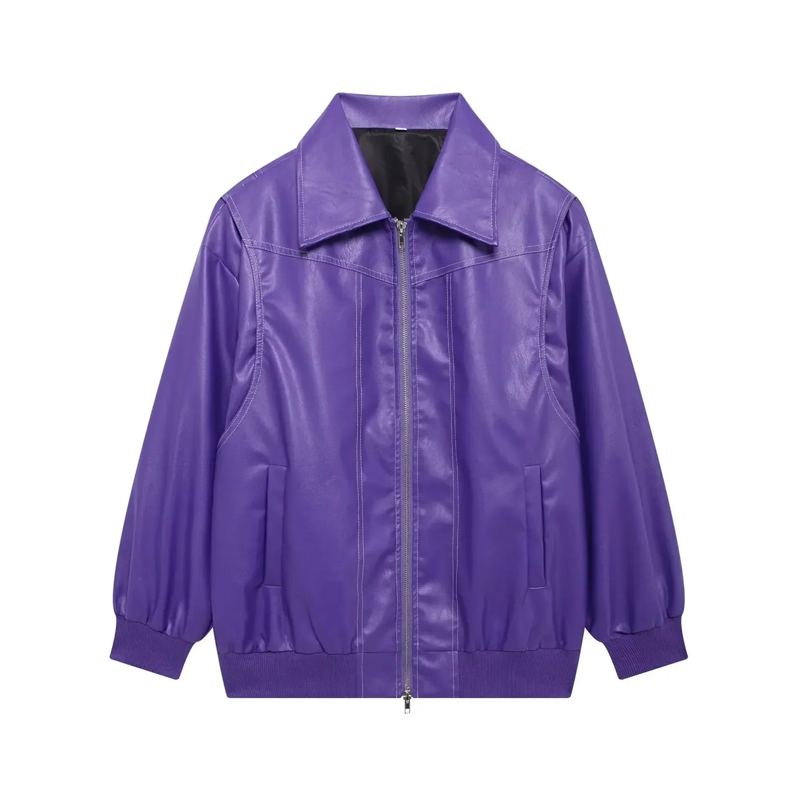 Women's new Fashion loose side pocket casual imitation leather jacket coat retro lapel long sleeved women's coat chic top