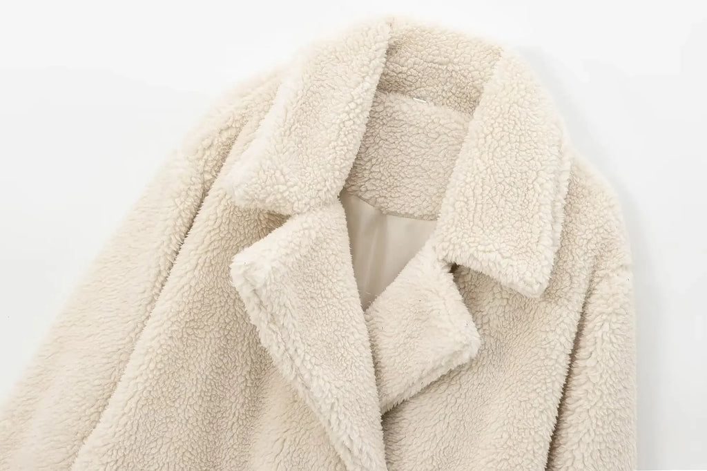 Women's Winter Fashion faux fur effect loose Side pockets warm woolen coat retro long sleeved button up women's coat chic top