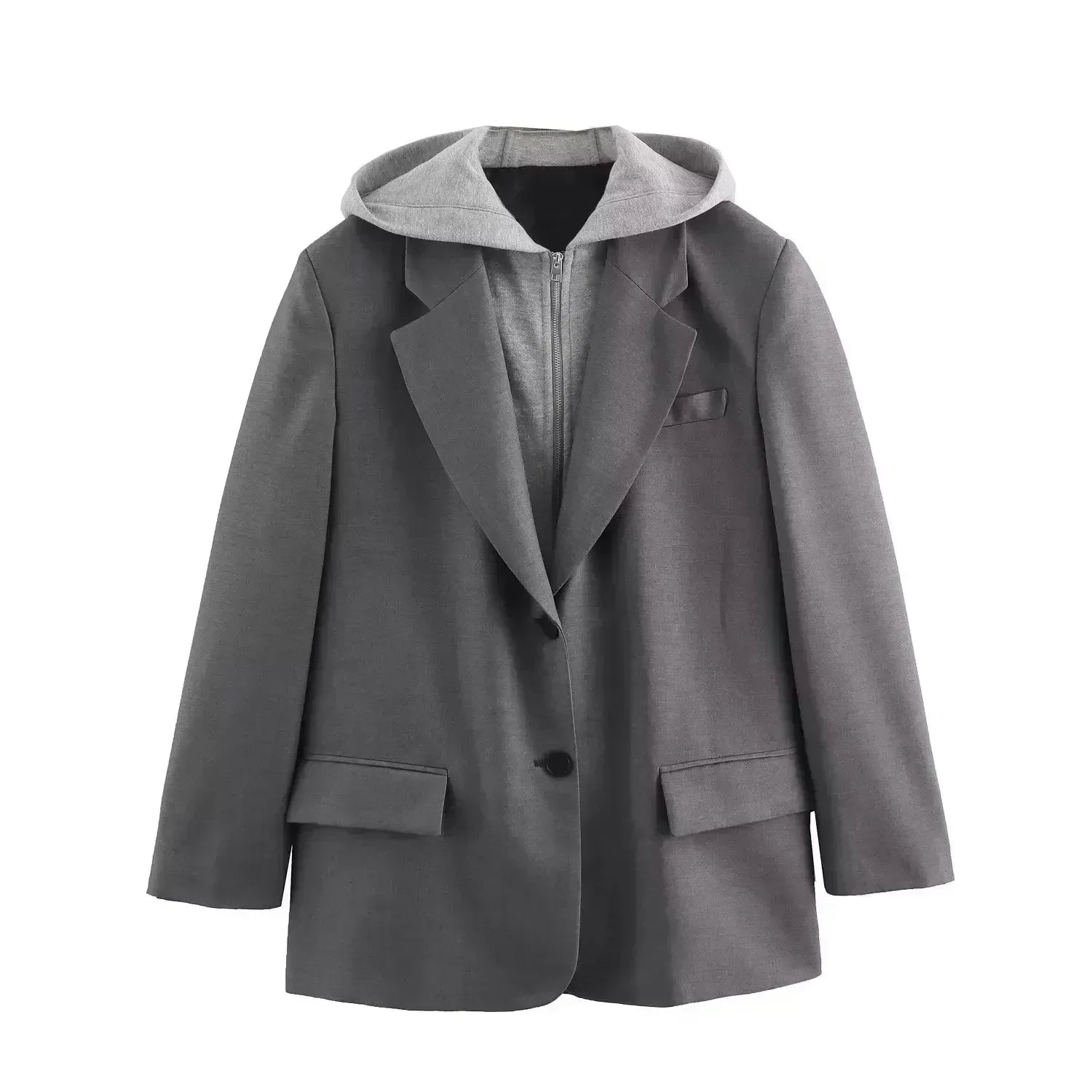 Women New Fashion Flip decoration Hooded splicing Single breasted casual Blazer Coat Vintage Long Sleeve Female Outerwear