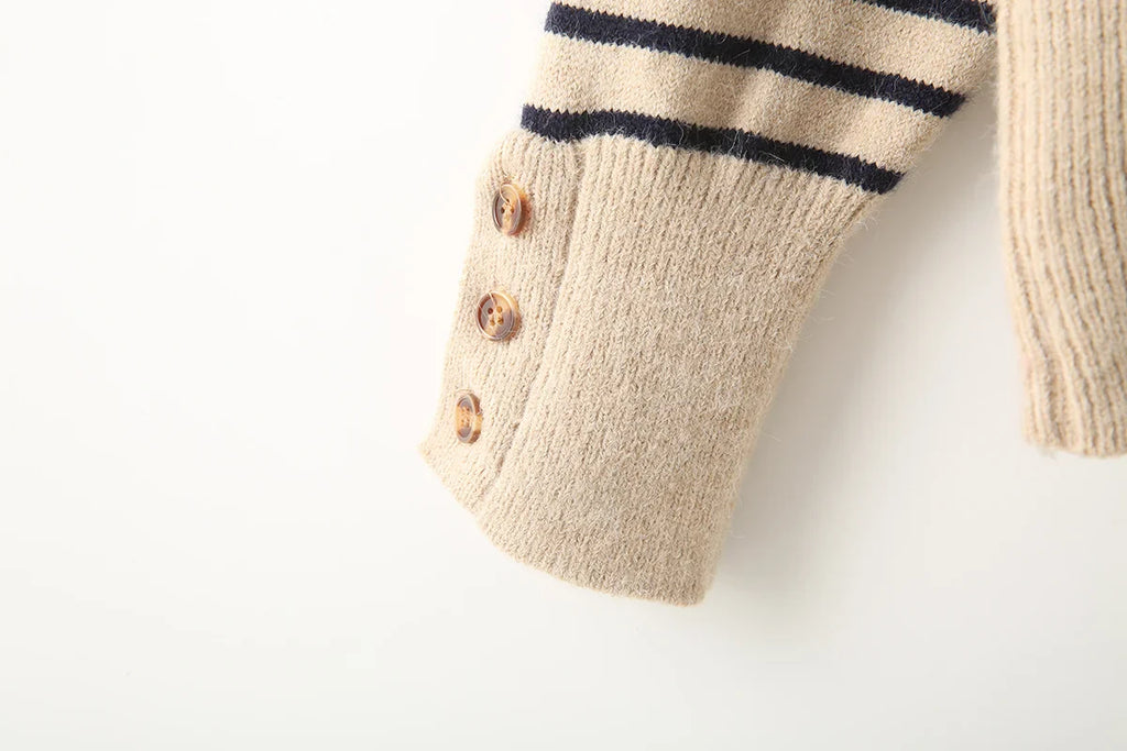 Women's new fashion button decoration casual stand collar striped knitted sweater retro long sleeved women's pullover chic top