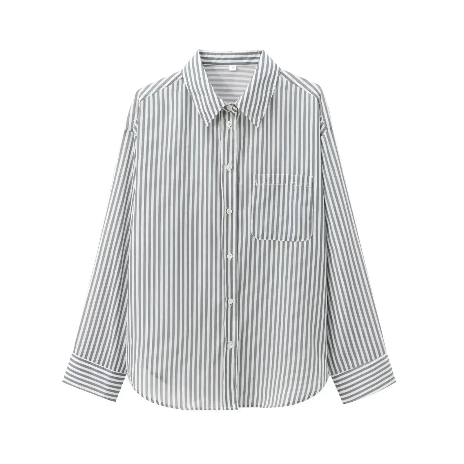 Women's 2024 new fashion pocket decoration loose striped asymmetrical shirt retro long sleeved button up women's shirt