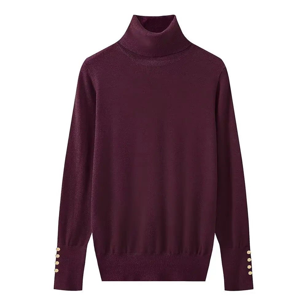 Women's new fashion Cuff button decoration casual versatile basic style knitted top retro high neck women's pullover chic top