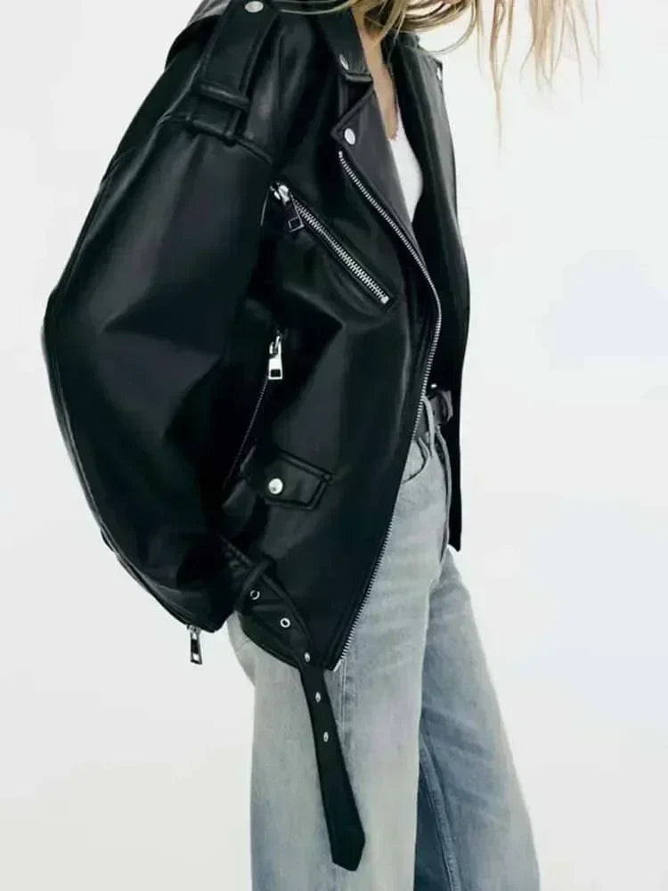 Women 2023 New Fashion With belt Loose Faux leather Locomotive style Jacket Coat Vintage Long Sleeve Female Outerwear Chic