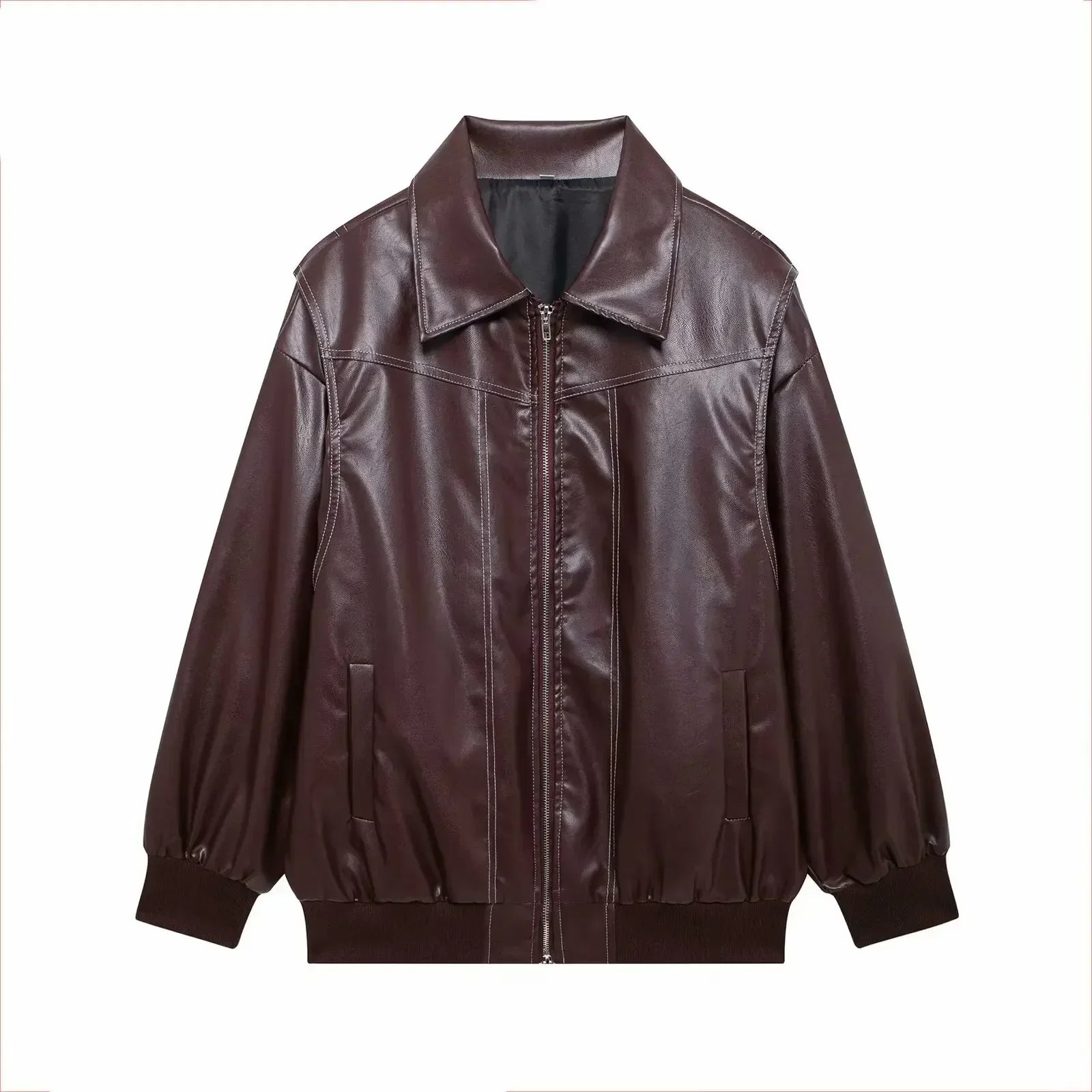 Women's new Fashion loose casual versatile retro imitation leather jacket coat long sleeved side pocket women's coat chic top