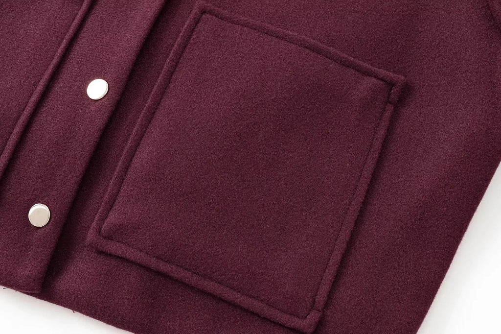 Women's new Fashion Pocket decoration short stand collar woolen jacket coat retro long sleeved button up women's coat chic top