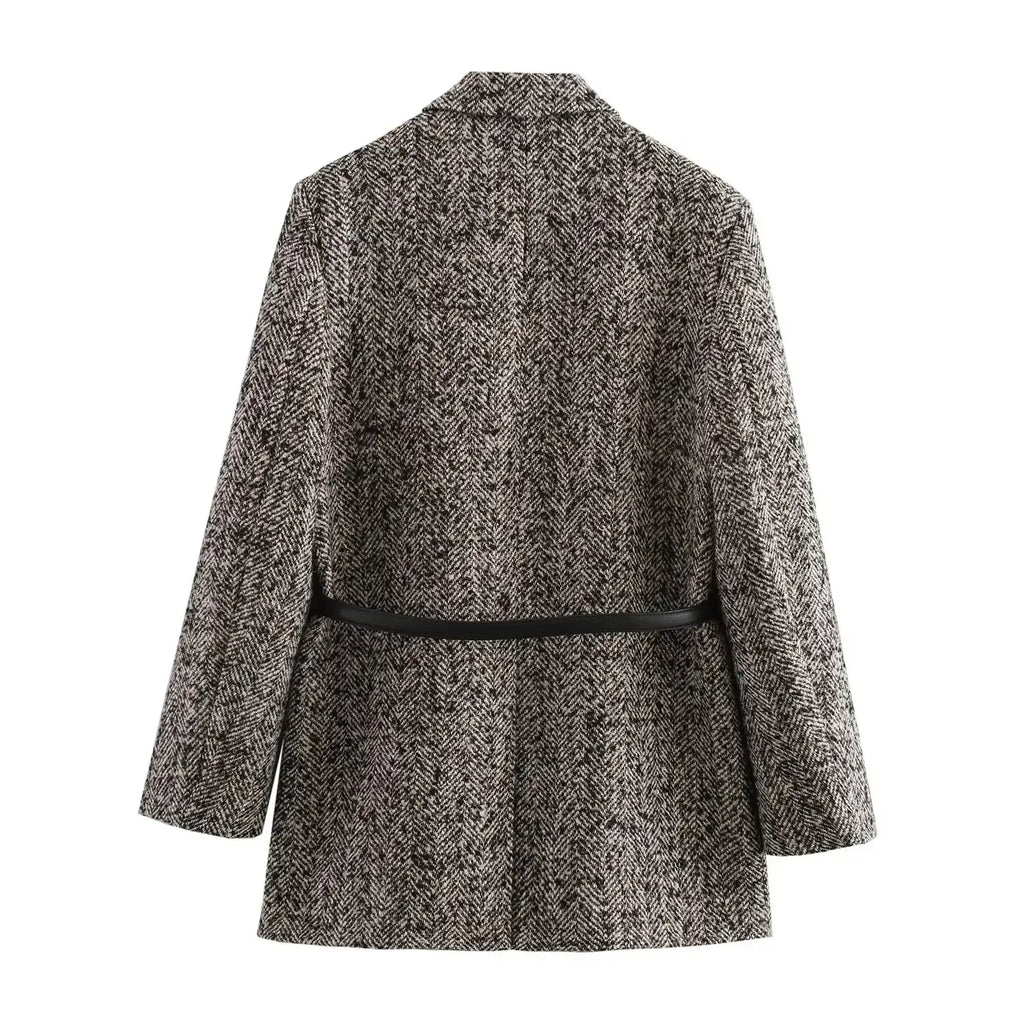 Ladies' new fashion with Belt flap pocket decoration loose striped suit coat retro long sleeved button up women's coat chic top