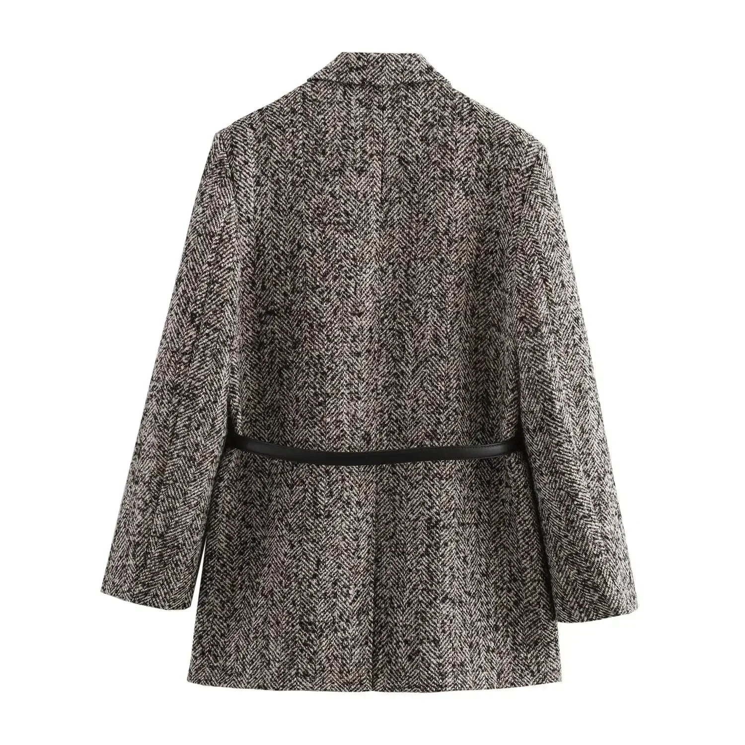 Ladies' new fashion with Belt flap pocket decoration loose striped suit coat retro long sleeved button up women's coat chic top