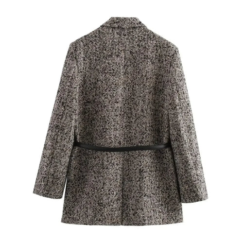 Ladies' new fashion with Belt flap pocket decoration loose striped suit coat retro long sleeved button up women's coat chic top