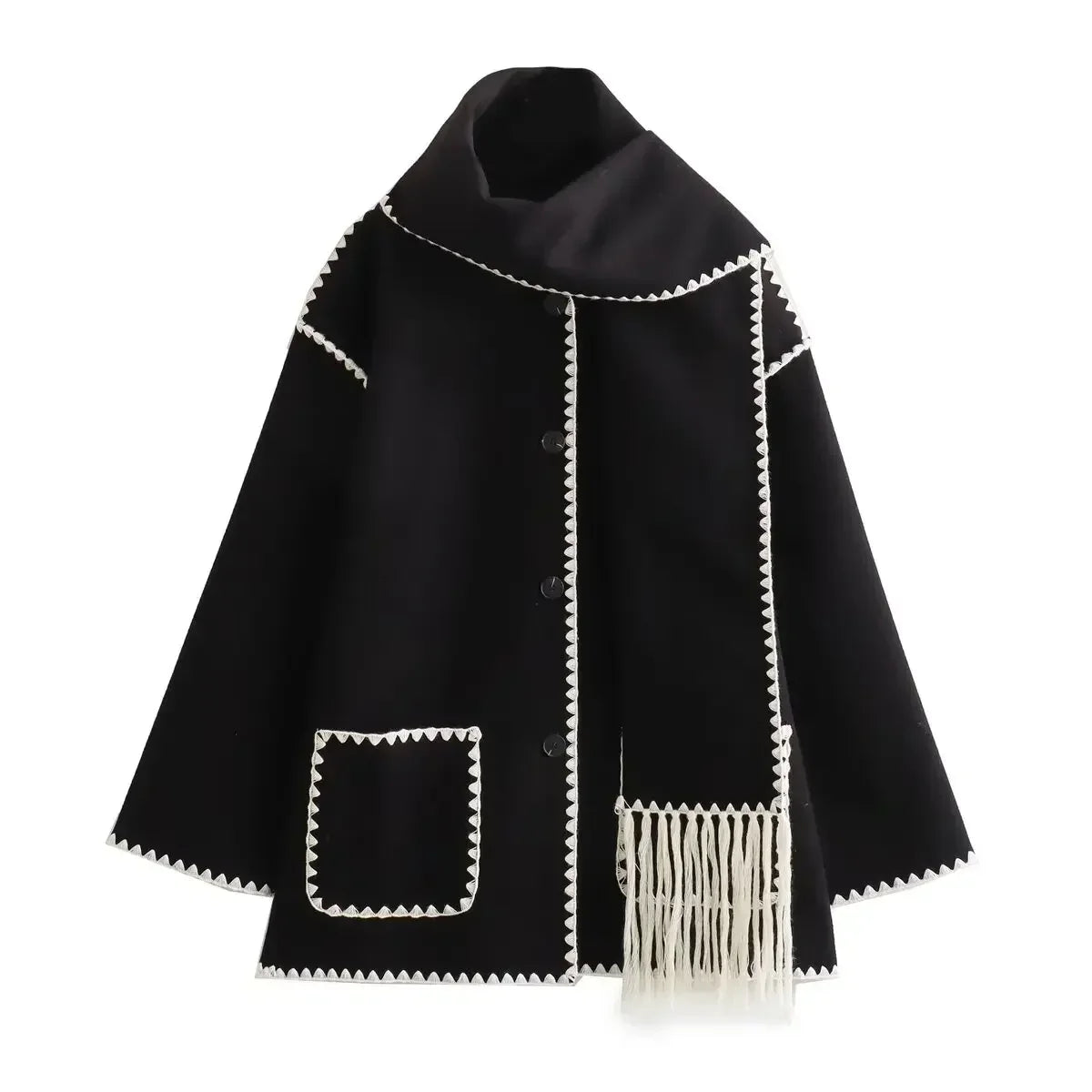 Women's new fashion scarf decoration loose single breasted patchwork woolen coat retro long sleeved pocket women's coat Chic top