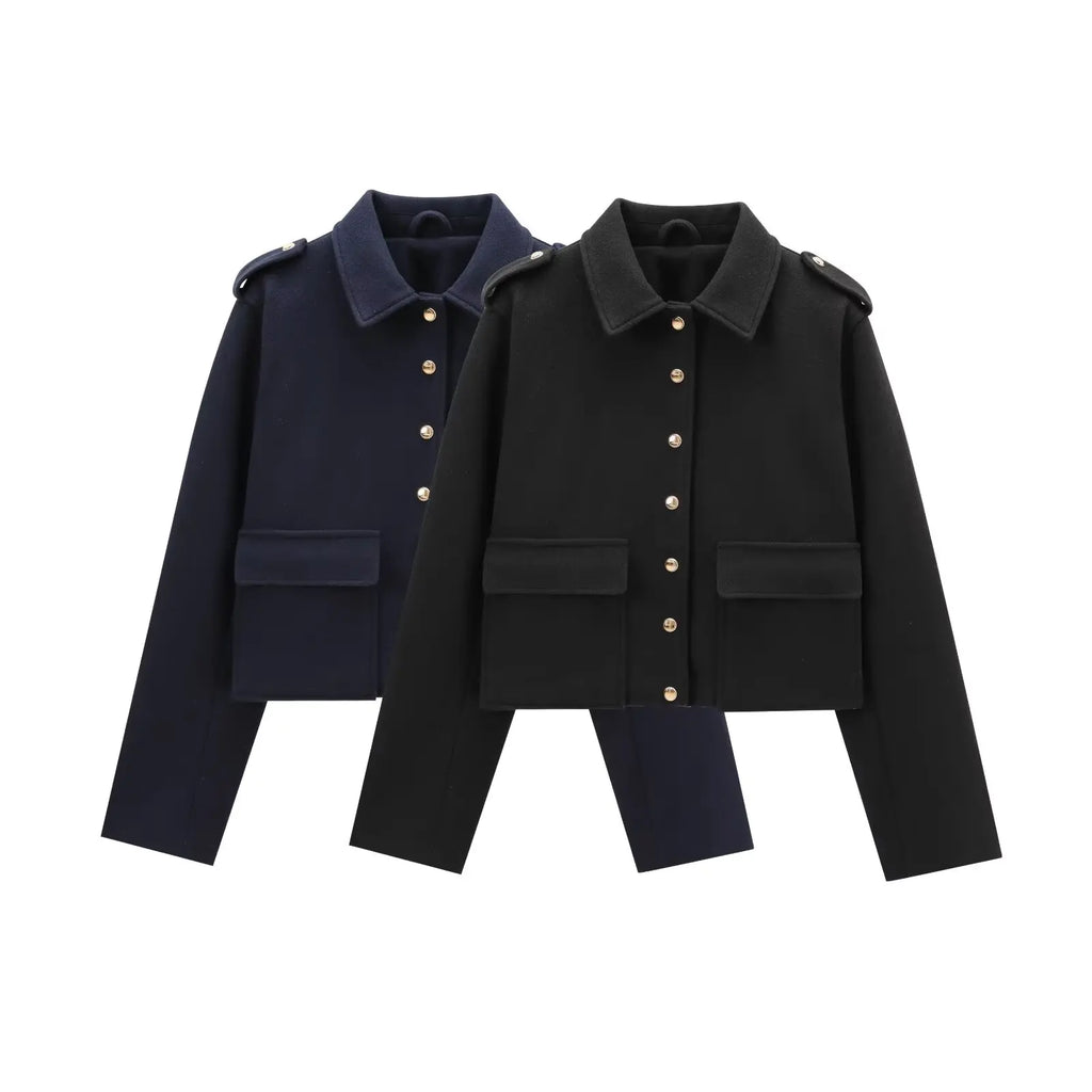 Women's new Fashion flip pocket decoration short single breasted soft texture jacket retro long sleeved women's coat chic top