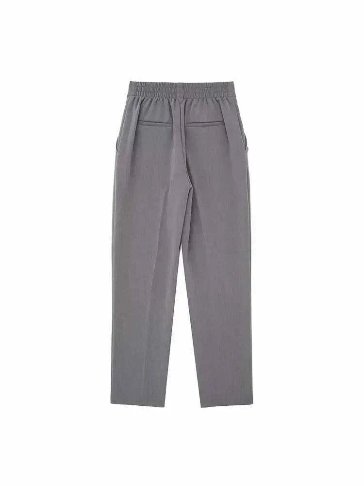Women New Fashion Breastplate decoration Solid Casual straight Pants Vintage High Waist Side Pockets Female Trousers Mujer