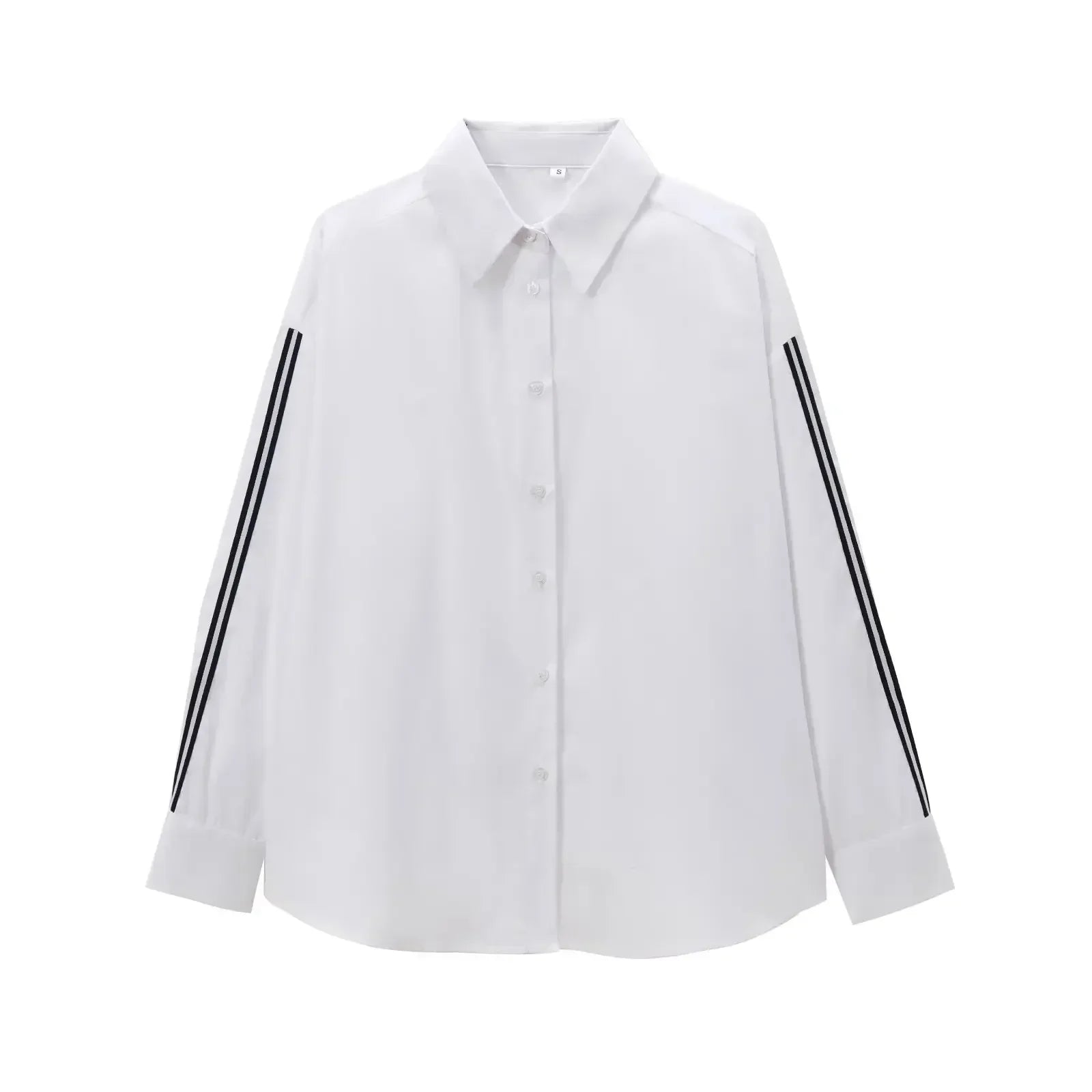 Women's New Fashion Side Striped Decorative Loose Single breasted Poplin Shirt Vintage Long sleeved Women's Shirt Unique
