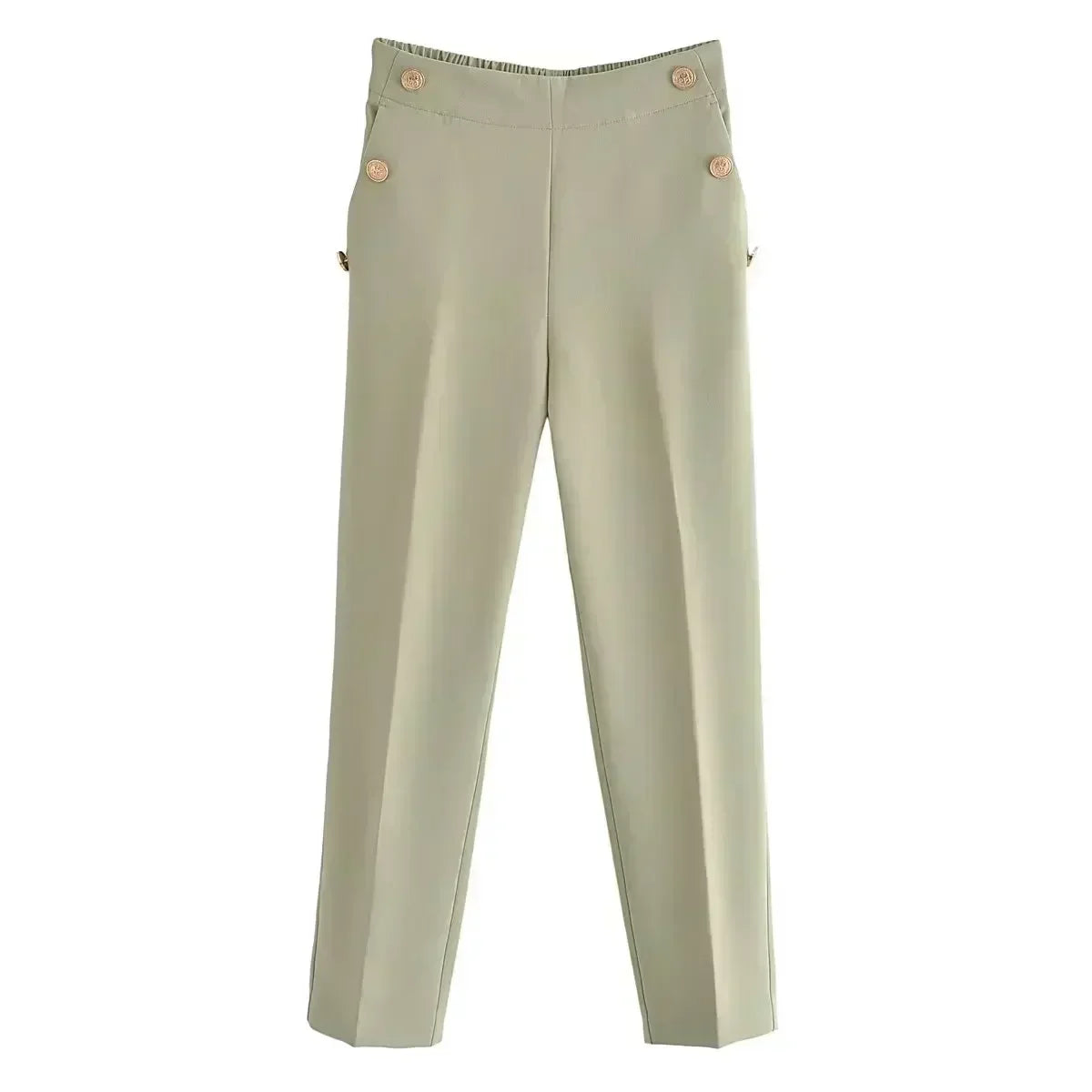Women New Fashion Breastplate decoration Solid Casual straight Pants Vintage High Waist Side Pockets Female Trousers Mujer