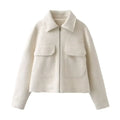 Women's new fashion flip pocket decoration casual short lapel Woolen jacket coat retro long sleeved zipper women's coat chic top