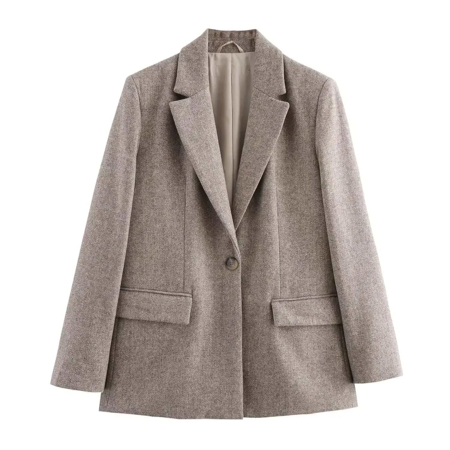 Women's New Fashion Flip Decoration Casual Single breasted Twill Woolen Blazer Coat Vintage Long sleeved Women's Coat Chic Top
