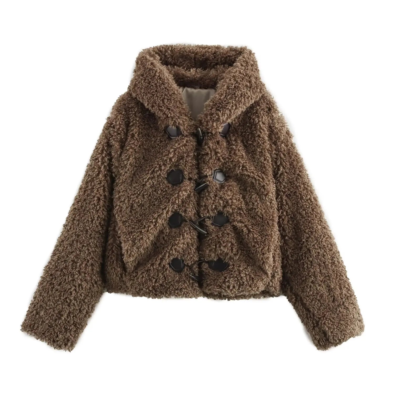 Women's winter fashion Knot button decoration short artificial fur effect hooded coat retro long sleeved women's coat chic top