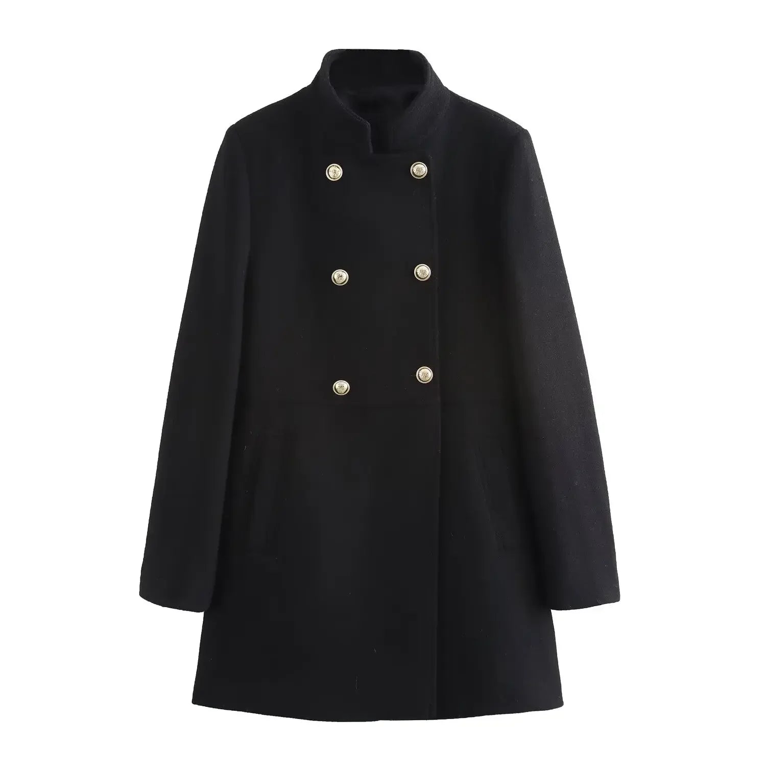 Women's new fashion gold double breasted decoration slim stand Neck woolen coat retro long sleeved pocket women's coat Chic top