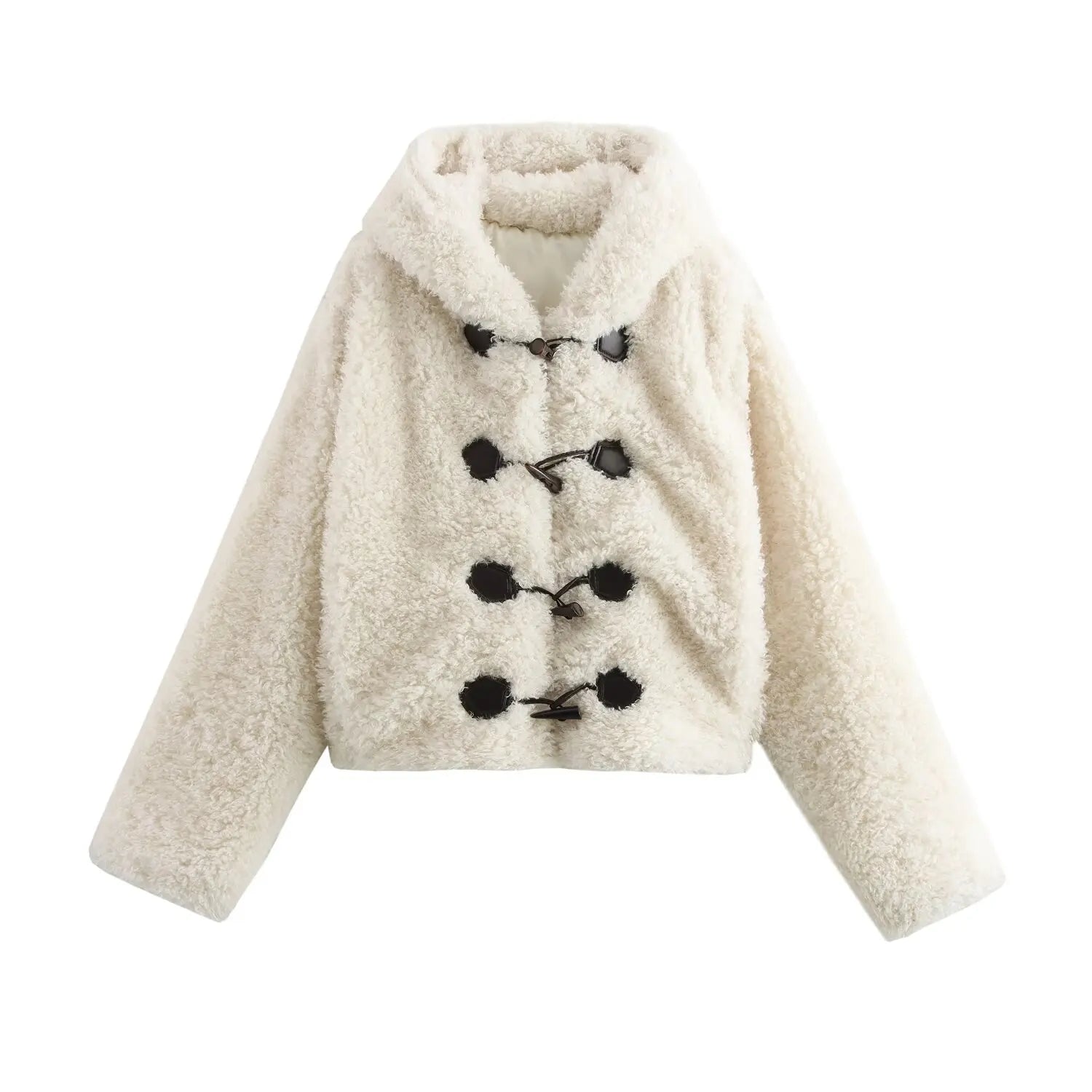 Women's winter fashion Knot button decoration short artificial fur effect hooded coat retro long sleeved women's coat chic top