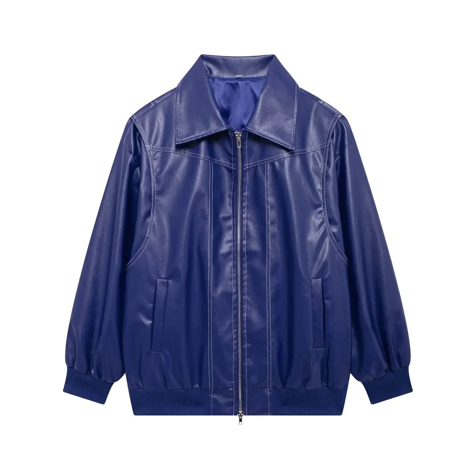 Women's new Fashion loose side pocket casual imitation leather jacket coat retro lapel long sleeved women's coat chic top
