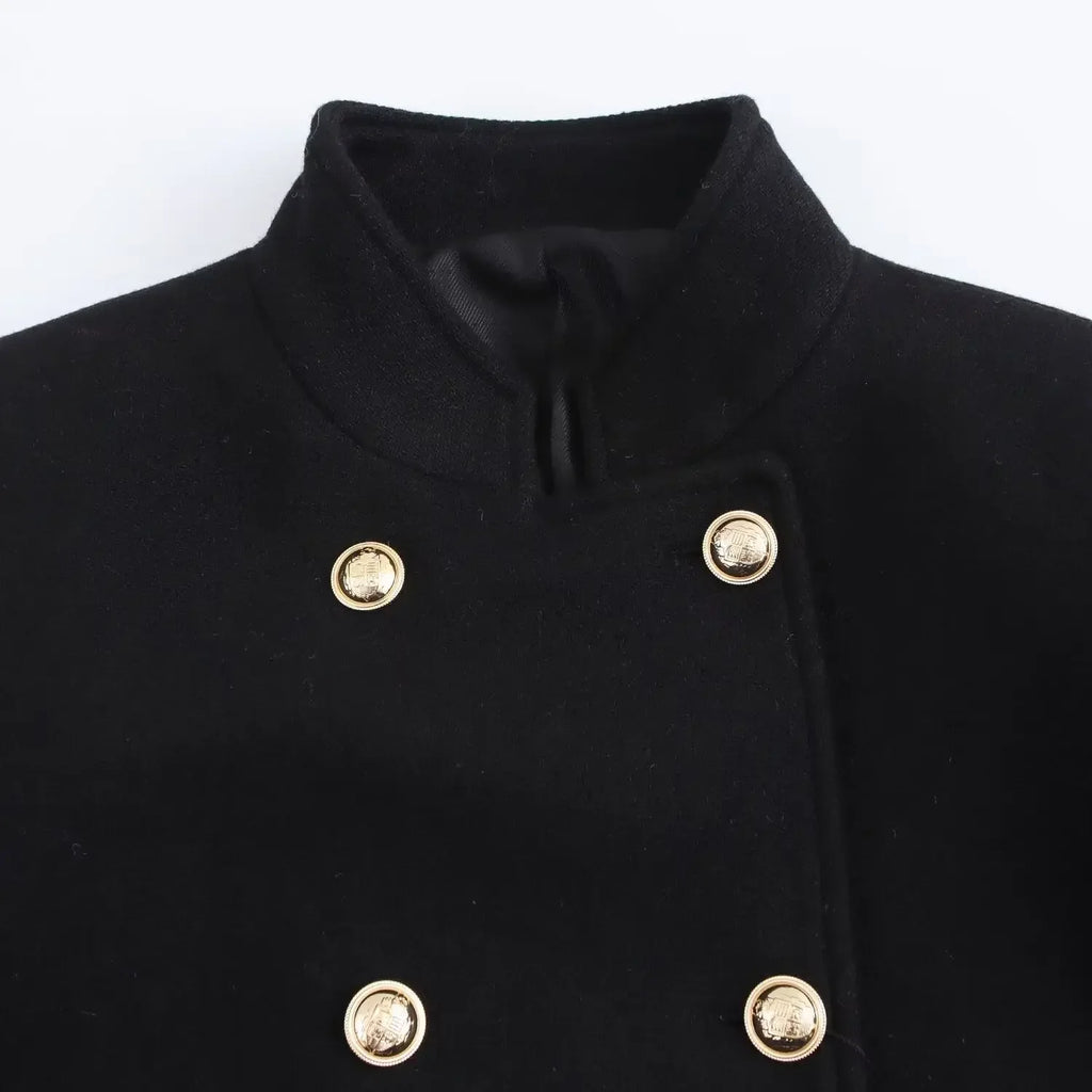 Women's new fashion gold double breasted decoration slim stand Neck woolen coat retro long sleeved pocket women's coat Chic top