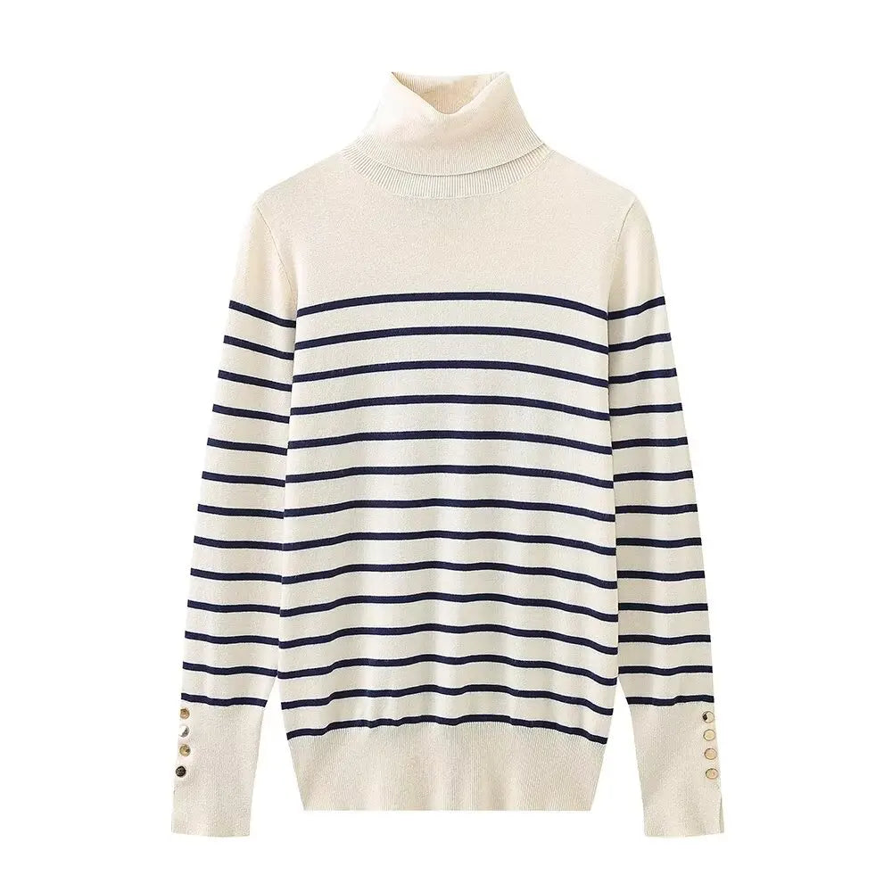 Women's new fashion Cuff button decoration casual versatile basic style knitted top retro high neck women's pullover chic top