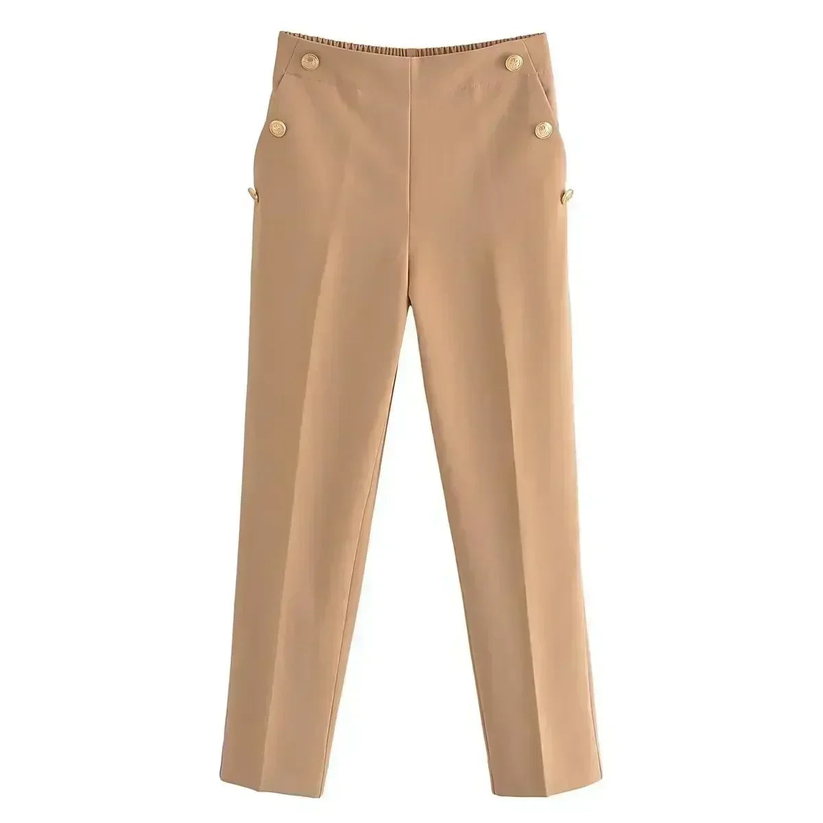 Women New Fashion Breastplate decoration Solid Casual straight Pants Vintage High Waist Side Pockets Female Trousers Mujer