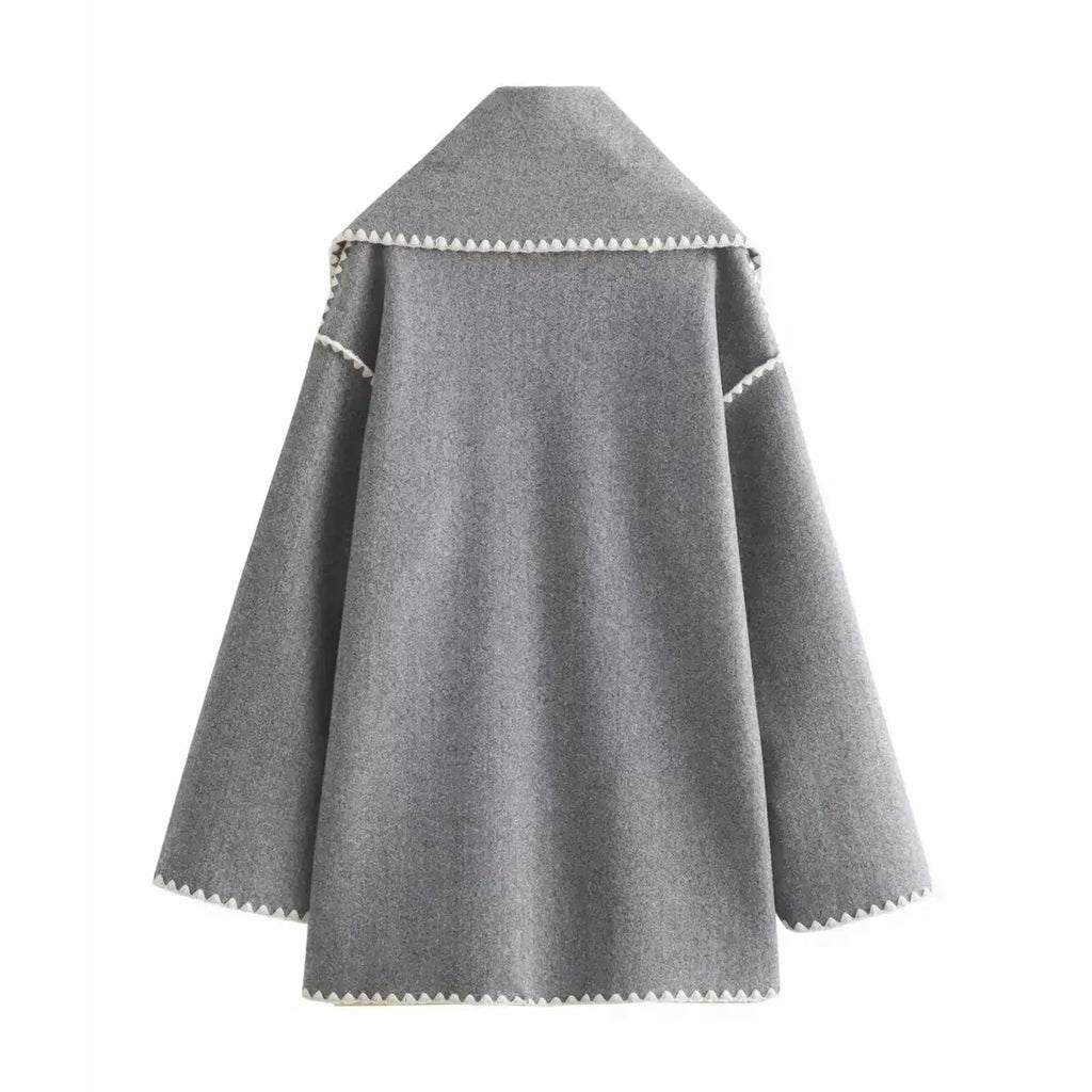 Women's new fashion scarf decoration loose single breasted patchwork woolen coat retro long sleeved pocket women's coat Chic top