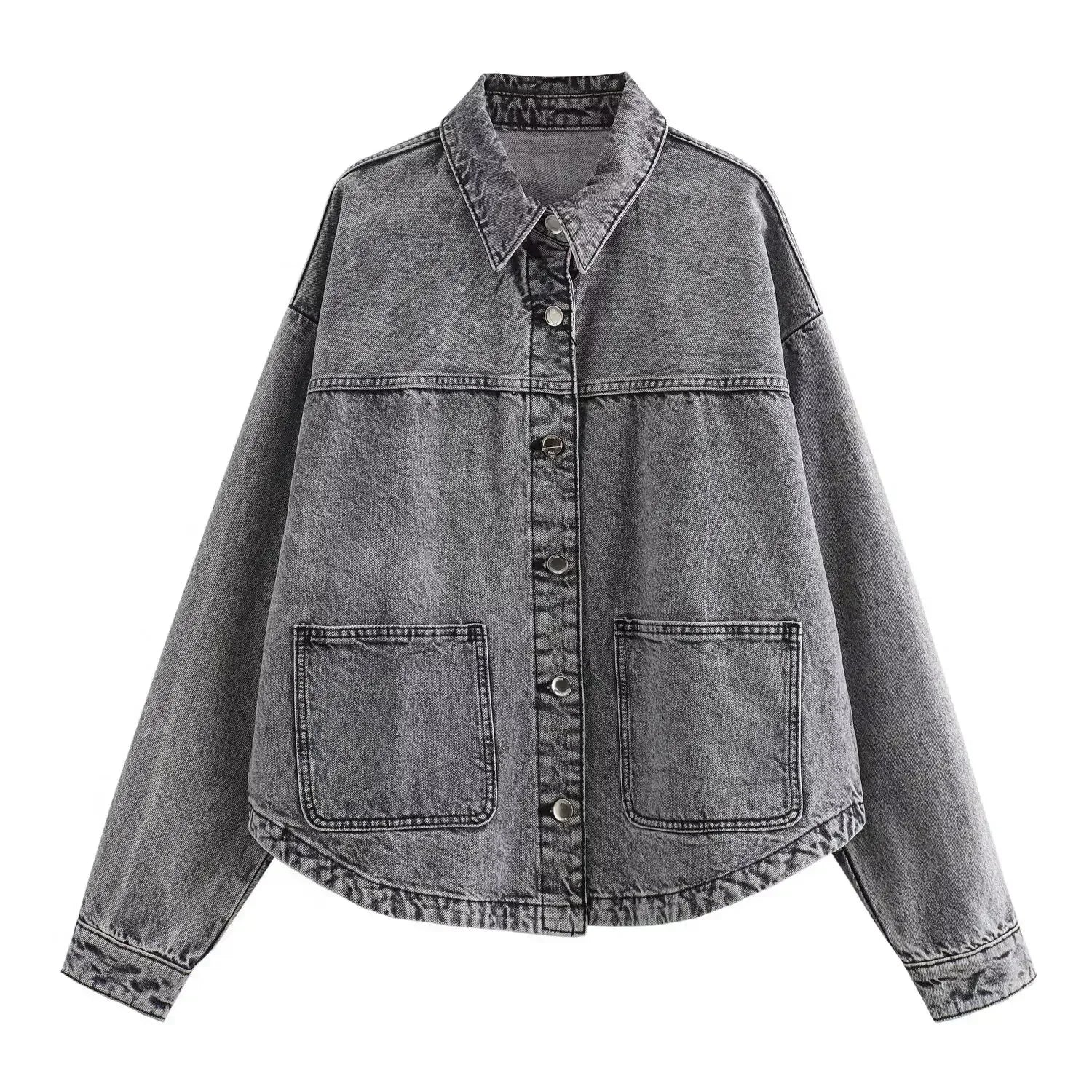 Women's new fashion large pocket decoration loose casual denim jacket coat retro long sleeved Button up women's coat chic