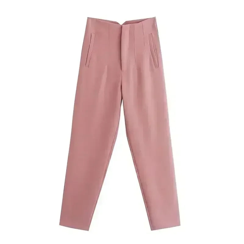 Women's Summer New Chic Fashion Side Pocket Decoration Casual Striped Pants Retro High Rope Zipper Women's Ankle Pants Mujer