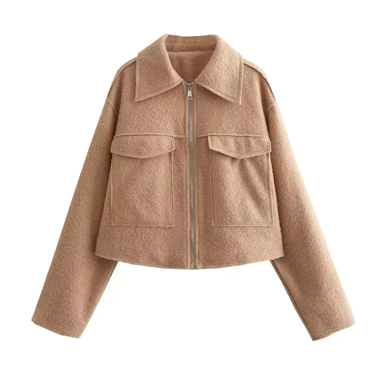 Women's 2024 New Fashion Flip Pocket Decoration Short Casual Woolen Jacket Coat Vintage Long Sleeve Zipper Women's Coat Chic Top