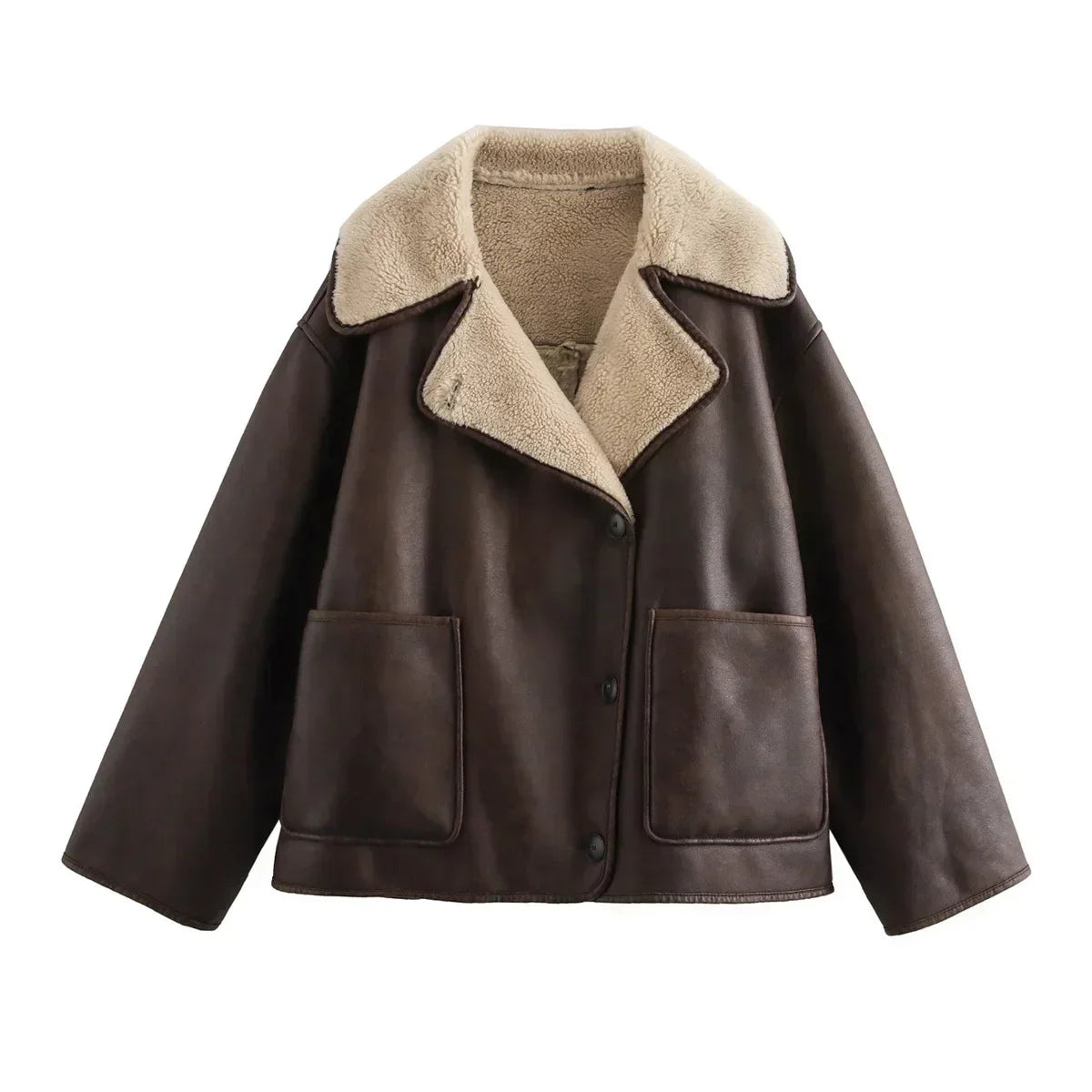 Women's new fashion pocket decoration loose warm Fur Faux Leather jacket Coat retro long sleeved button up women's Coat chic top