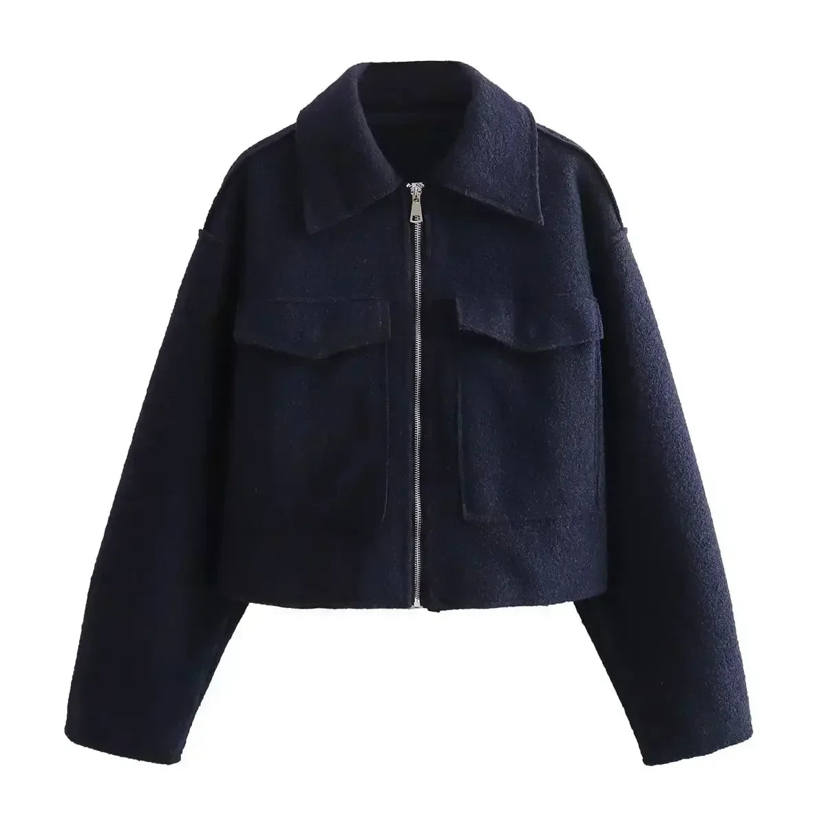 Women's 2024 New Fashion Flip Pocket Decoration Short Casual Woolen Jacket Coat Vintage Long Sleeve Zipper Women's Coat Chic Top