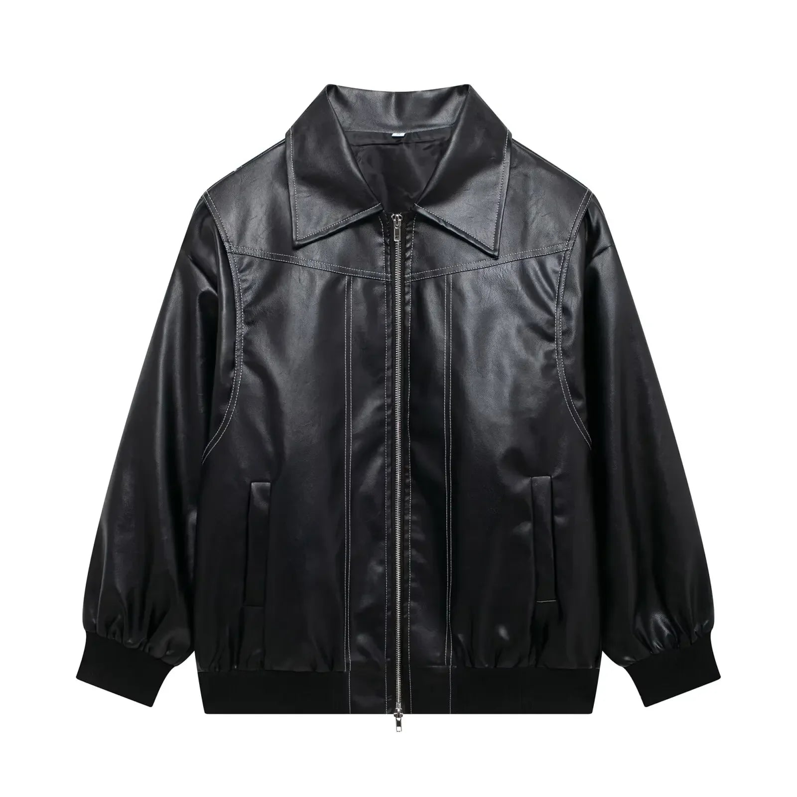 Women's new Fashion loose side pocket casual imitation leather jacket coat retro lapel long sleeved women's coat chic top