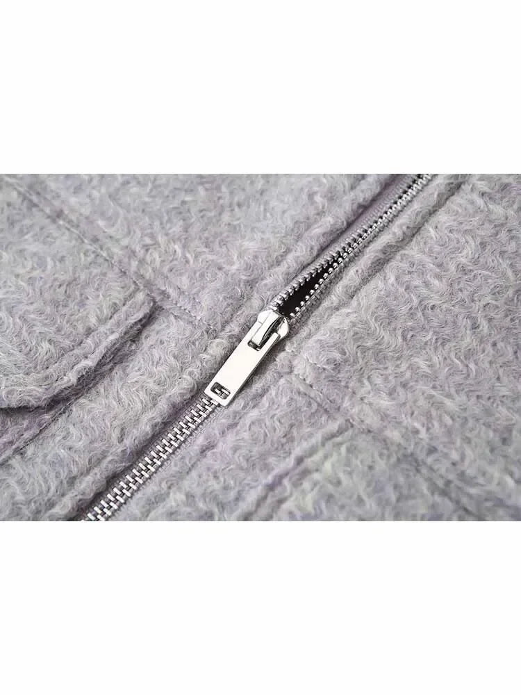 Women's new fashion flip pocket decoration casual short lapel Woolen jacket coat retro long sleeved zipper women's coat chic top