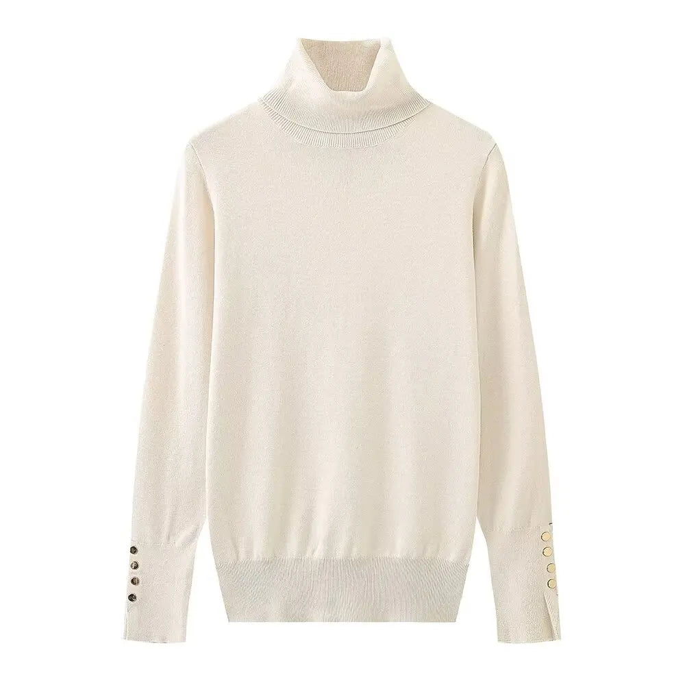 Women's new fashion Cuff button decoration casual versatile basic style knitted top retro high neck women's pullover chic top