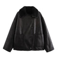 Women's new fashion pocket decoration loose warm Fur Faux Leather jacket Coat retro long sleeved button up women's Coat chic top