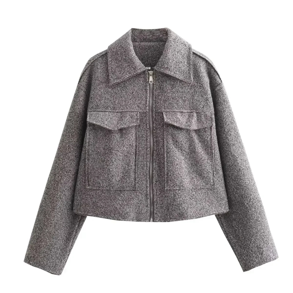 Women's 2024 New Fashion Flip Pocket Decoration Short Casual Woolen Jacket Coat Vintage Long Sleeve Zipper Women's Coat Chic Top