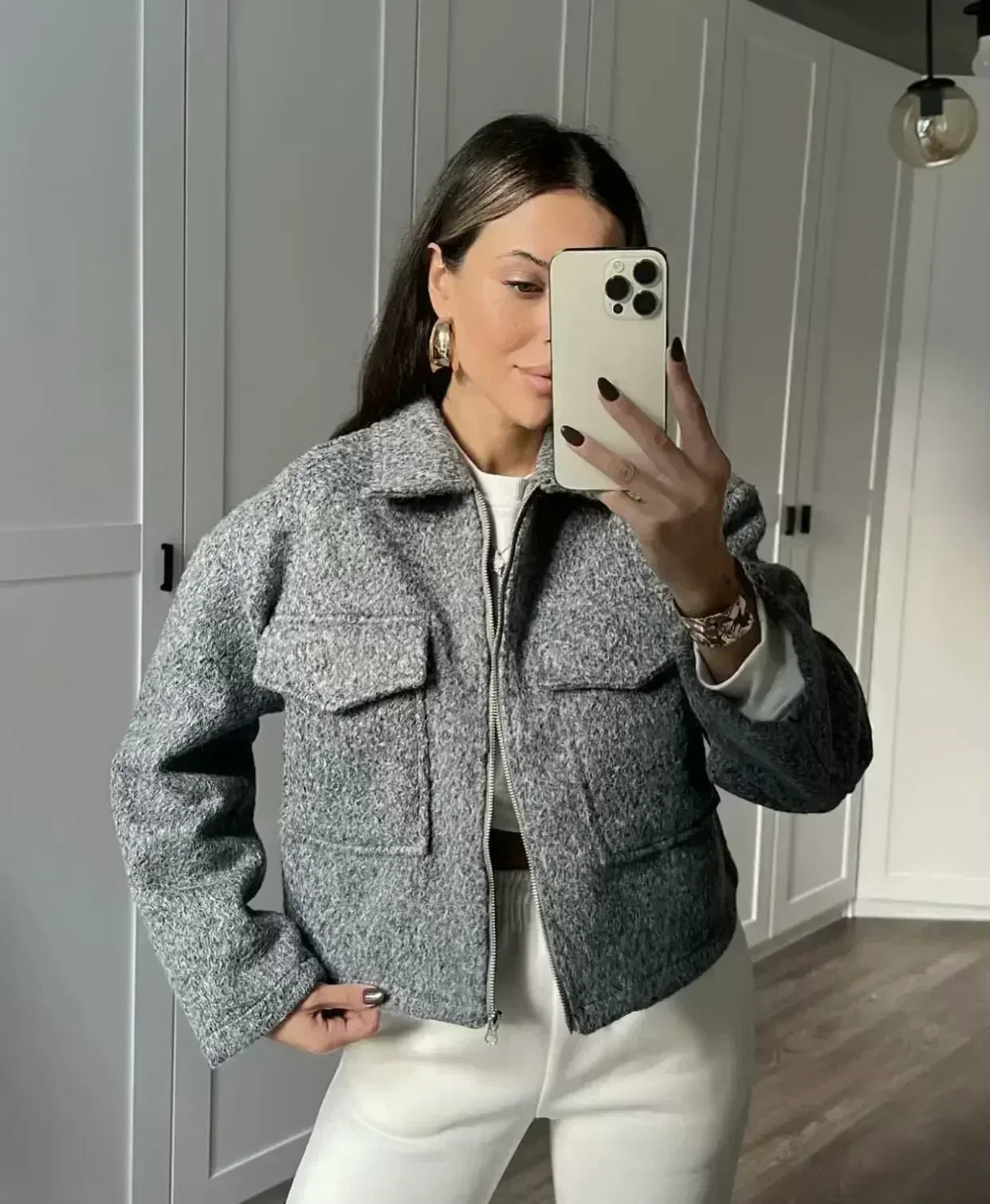 Women's 2024 New Fashion Flip Pocket Decoration Short Casual Woolen Jacket Coat Vintage Long Sleeve Zipper Women's Coat Chic Top