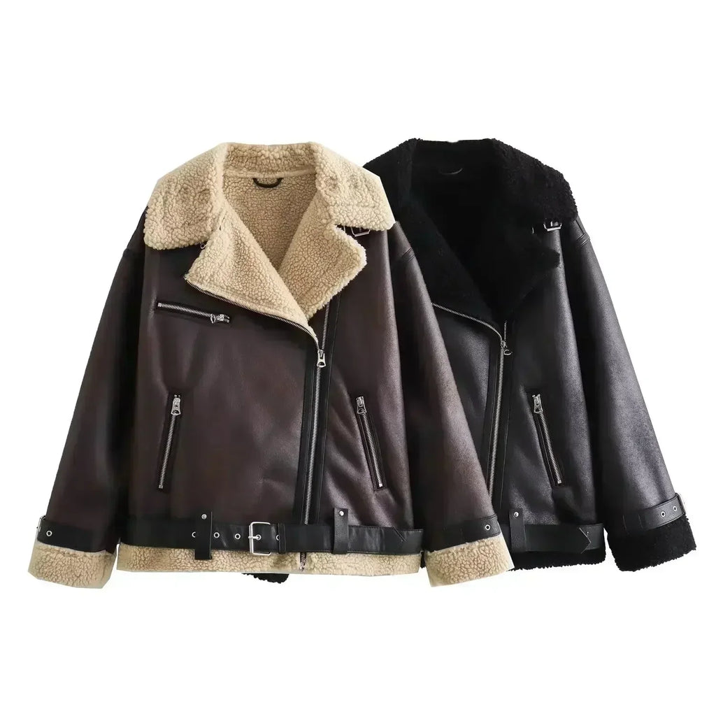 Women New Fashion With belt Warm two-sided Fur Faux Leather Jacket Coat Vintage Long Sleeve Zipper Female Outerwear Tops