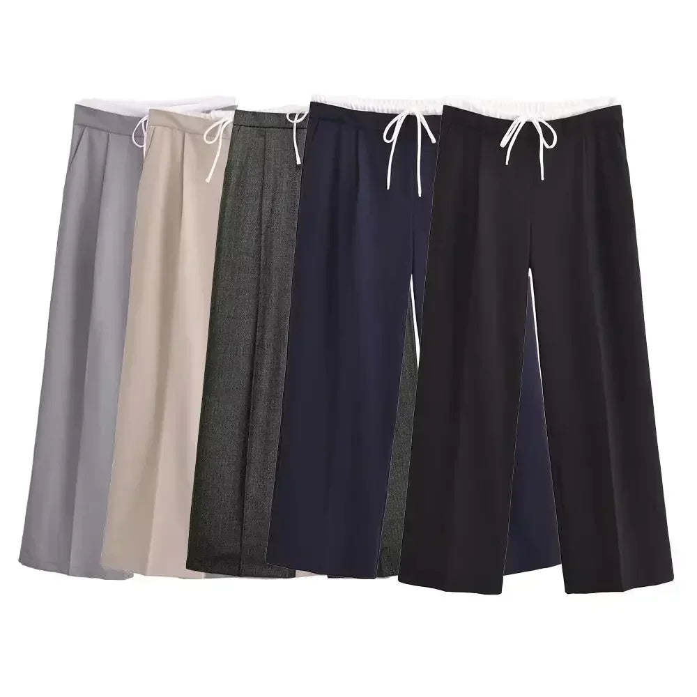 Women's 2024 New Fashion Double Layer Waist Lace up Design Casual Versatile Wide Leg Pants Retro Side Zipper Women's Pants