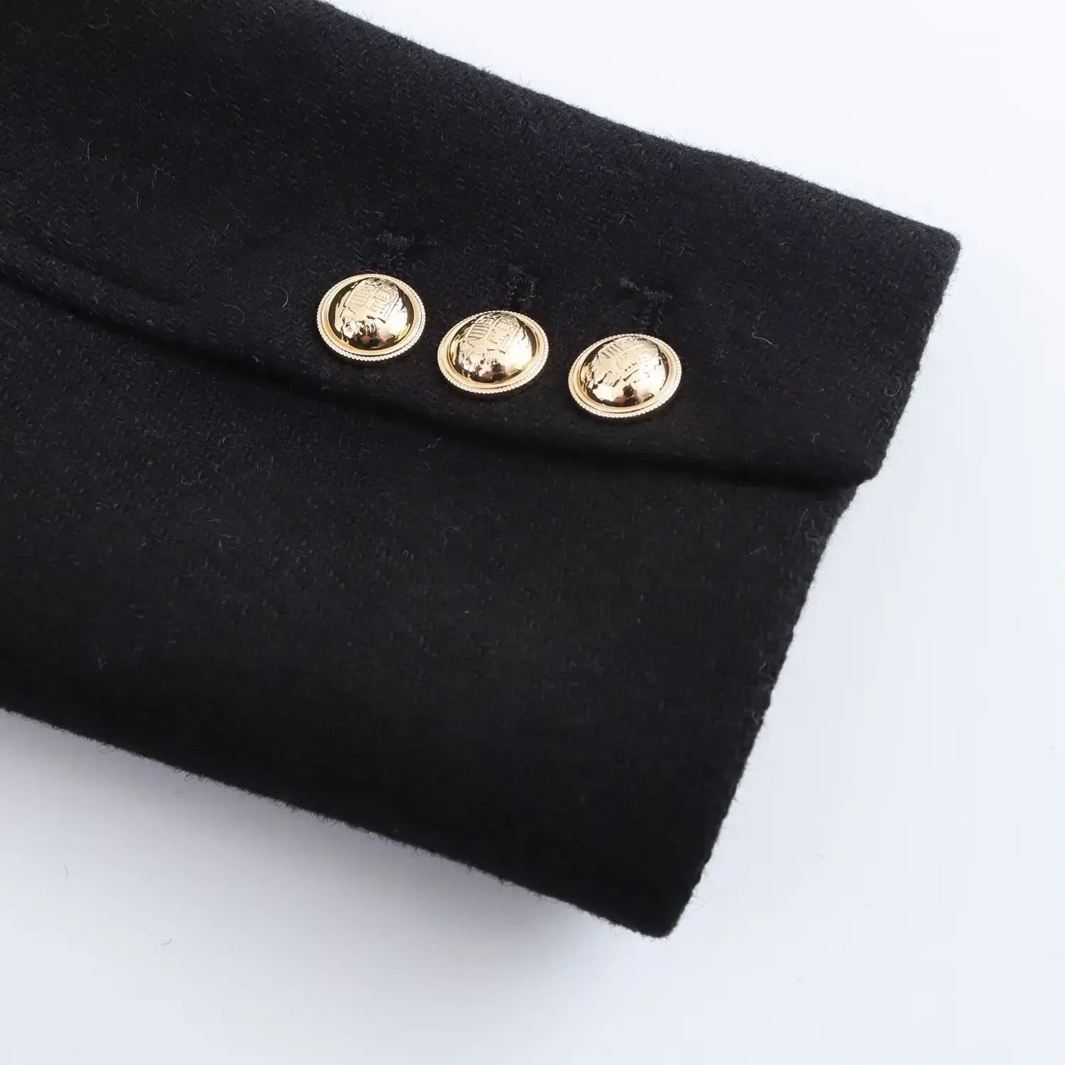 Women's new fashion gold double breasted decoration slim stand Neck woolen coat retro long sleeved pocket women's coat Chic top