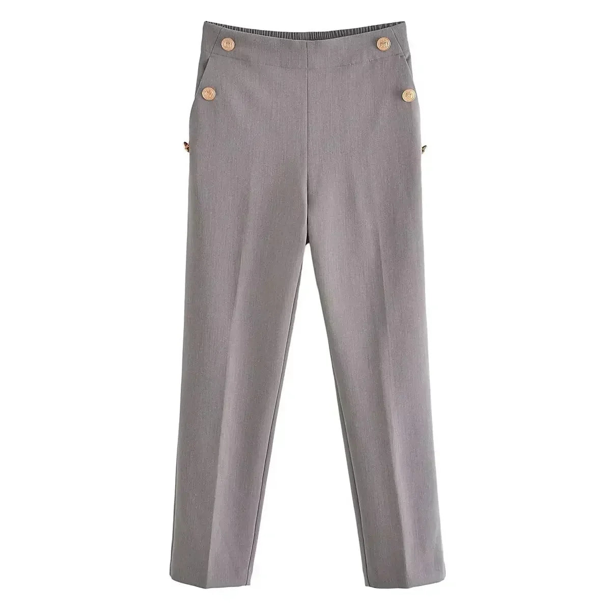 Women New Fashion Breastplate decoration Solid Casual straight Pants Vintage High Waist Side Pockets Female Trousers Mujer
