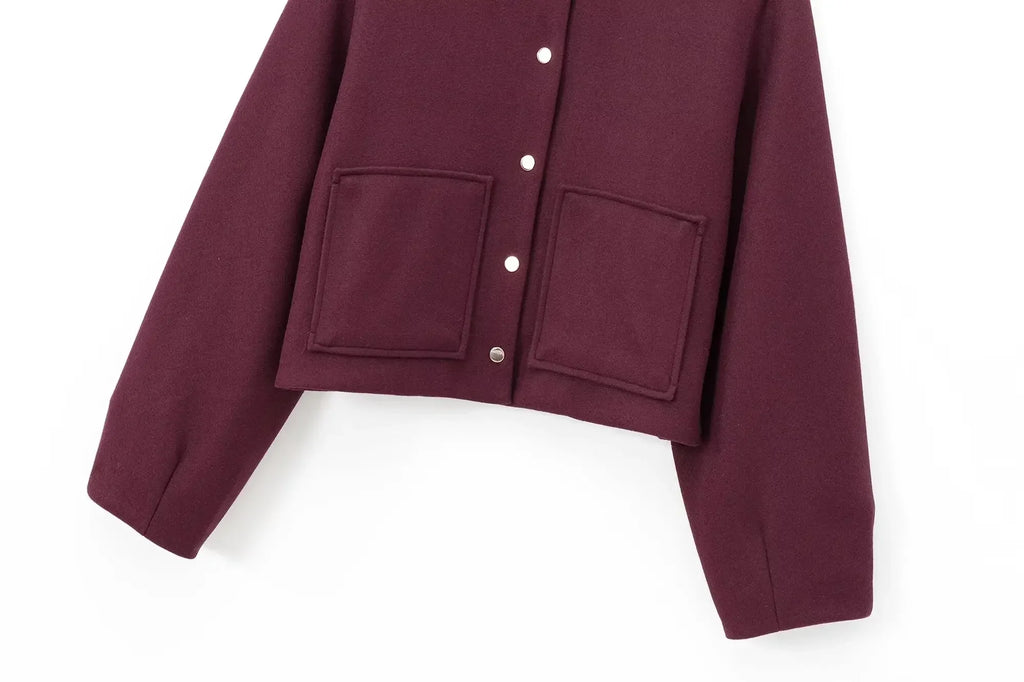 Women's new Fashion Pocket decoration short stand collar woolen jacket coat retro long sleeved button up women's coat chic top
